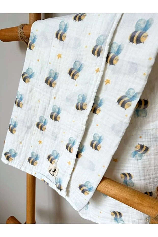 Mimiko %100 Organik Pamuk 2 Kat Müslin örtü Bebek Battaniyesi | Yumuşak & Nefes Alabilir | Arı | 100x100 cm