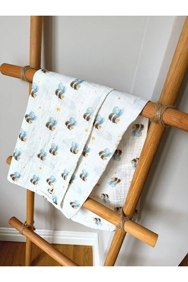 Mimiko %100 Organik Pamuk 2 Kat Müslin örtü Bebek Battaniyesi | Yumuşak & Nefes Alabilir | Arı | 100x100 cm