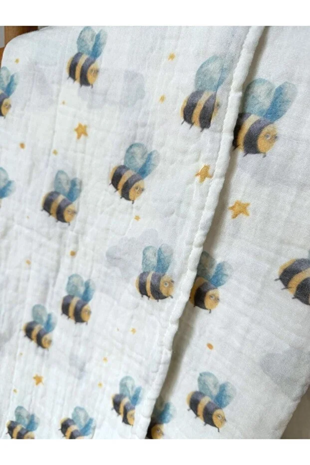 Mimiko %100 Organik Pamuk 2 Kat Müslin örtü Bebek Battaniyesi | Yumuşak & Nefes Alabilir | Arı | 100x100 cm